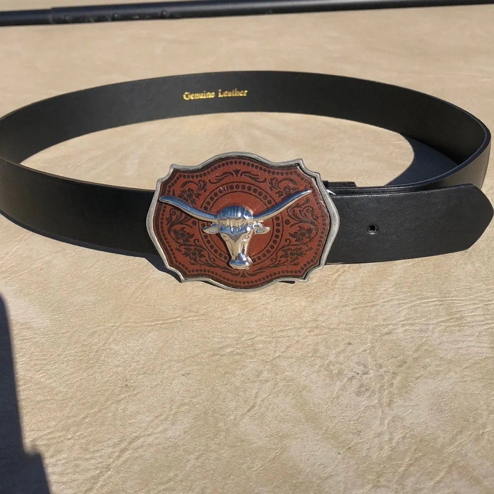 Brown Black Leather Men’s Bull Buckle Belt